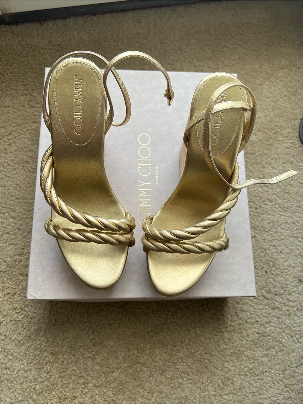 Never worn, brand new, Jimmy Choo Metallic Gold Braided Strap Wedge Heel Sandals
